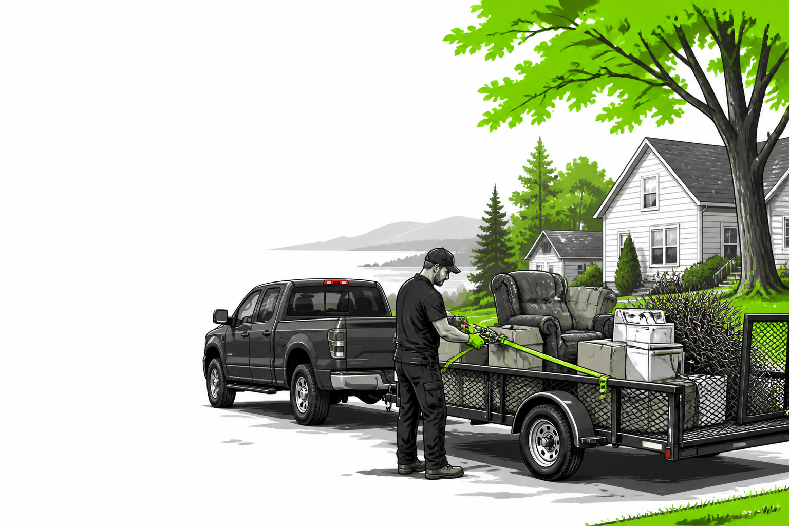 Local junk removal worker securing furniture and boxes on a utility trailer